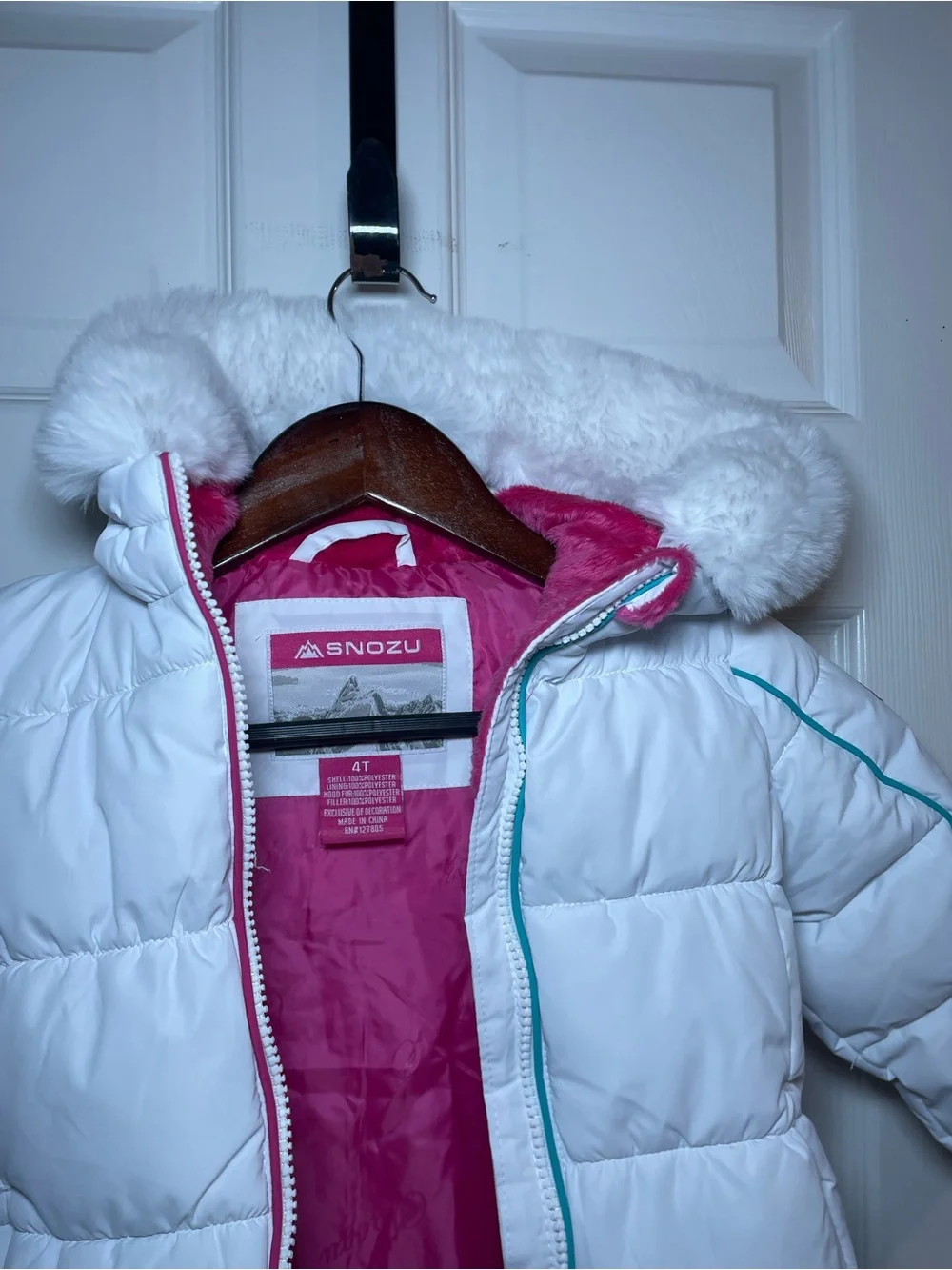 Snozu Girls 4T White Puffer Winter Coat Faux Fur Hood Pink Lined